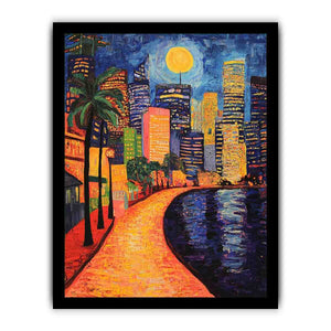 Colorful moonlit city waterfront artwork
