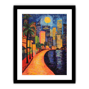 Colorful moonlit city waterfront artwork