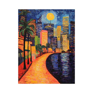 Colorful moonlit city waterfront artwork