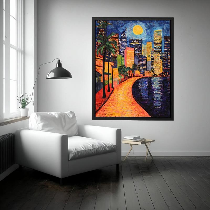 Colorful moonlit city waterfront artwork