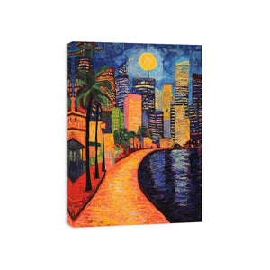 Colorful moonlit city waterfront artwork
