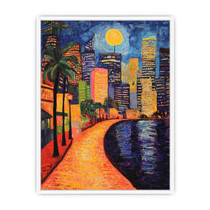 Colorful moonlit city waterfront artwork