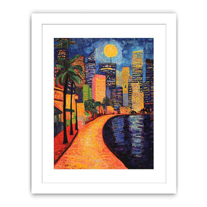 Colorful moonlit city waterfront artwork