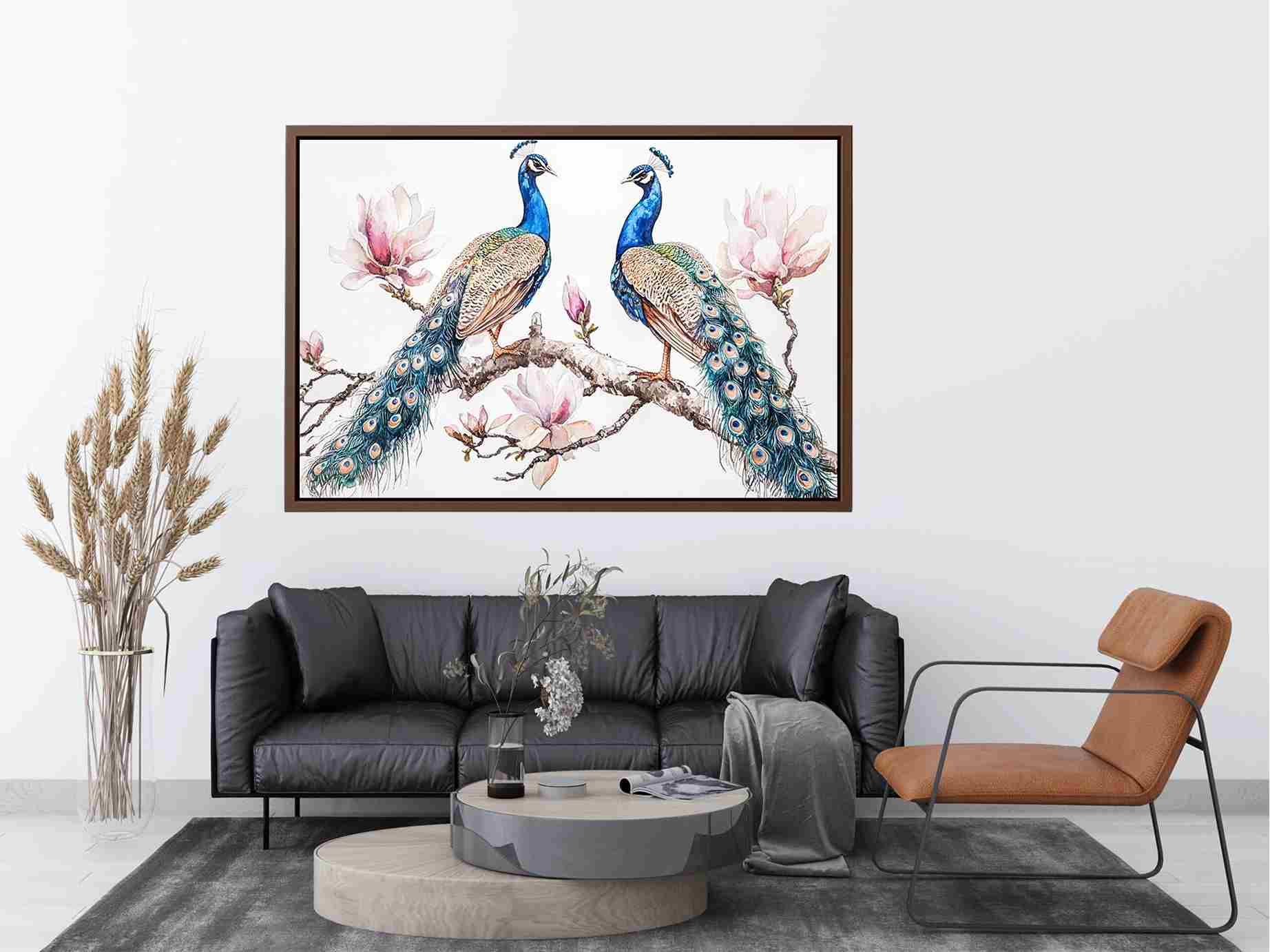Peacock and magnolia floral artwork