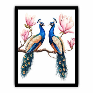 Peacock pair with pink blossoms artwork
