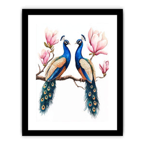 Peacock pair with pink blossoms artwork