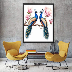 Peacock pair with pink blossoms artwork