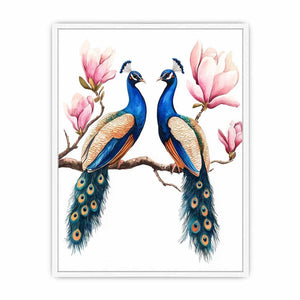 Peacock pair with pink blossoms artwork
