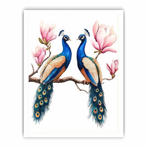 Peacock pair with pink blossoms artwork