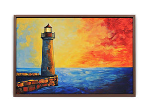 Coastal lighthouse Canvas Print with red sunset sky and blue ocean