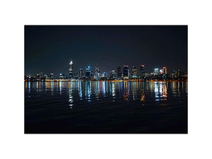 Night city skyline artwork with reflections