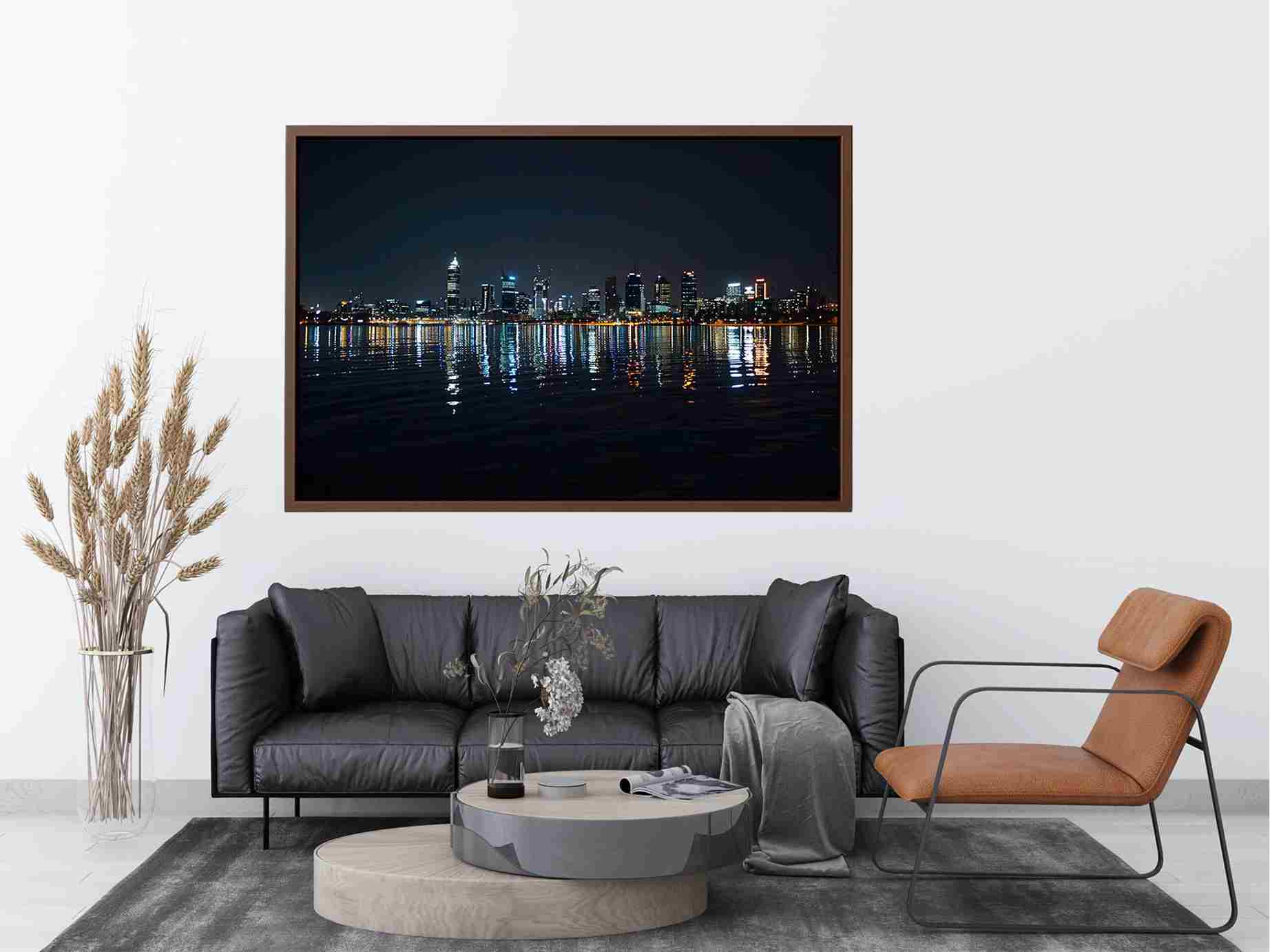 Night city skyline artwork with reflections