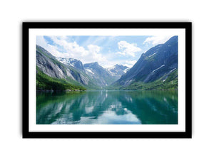 Mountain fjord landscape with reflective lake