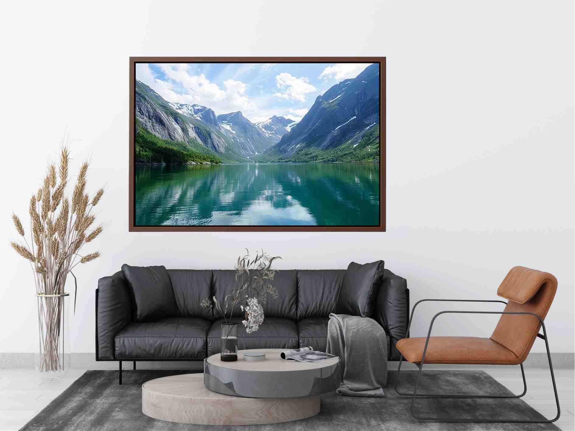 Mountain fjord landscape with reflective lake