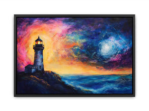Coastal lighthouse Canvas Print with moonlit ocean and dramatic sunset sky
