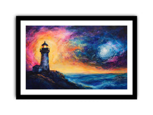 Coastal lighthouse Canvas Print with moonlit ocean and dramatic sunset sky