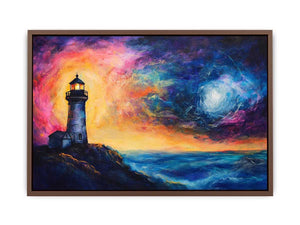 Coastal lighthouse Canvas Print with moonlit ocean and dramatic sunset sky