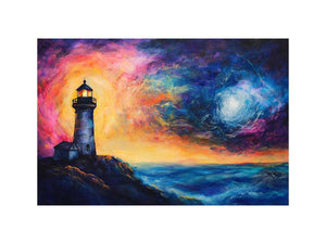 Coastal lighthouse Canvas Print with moonlit ocean and dramatic sunset sky