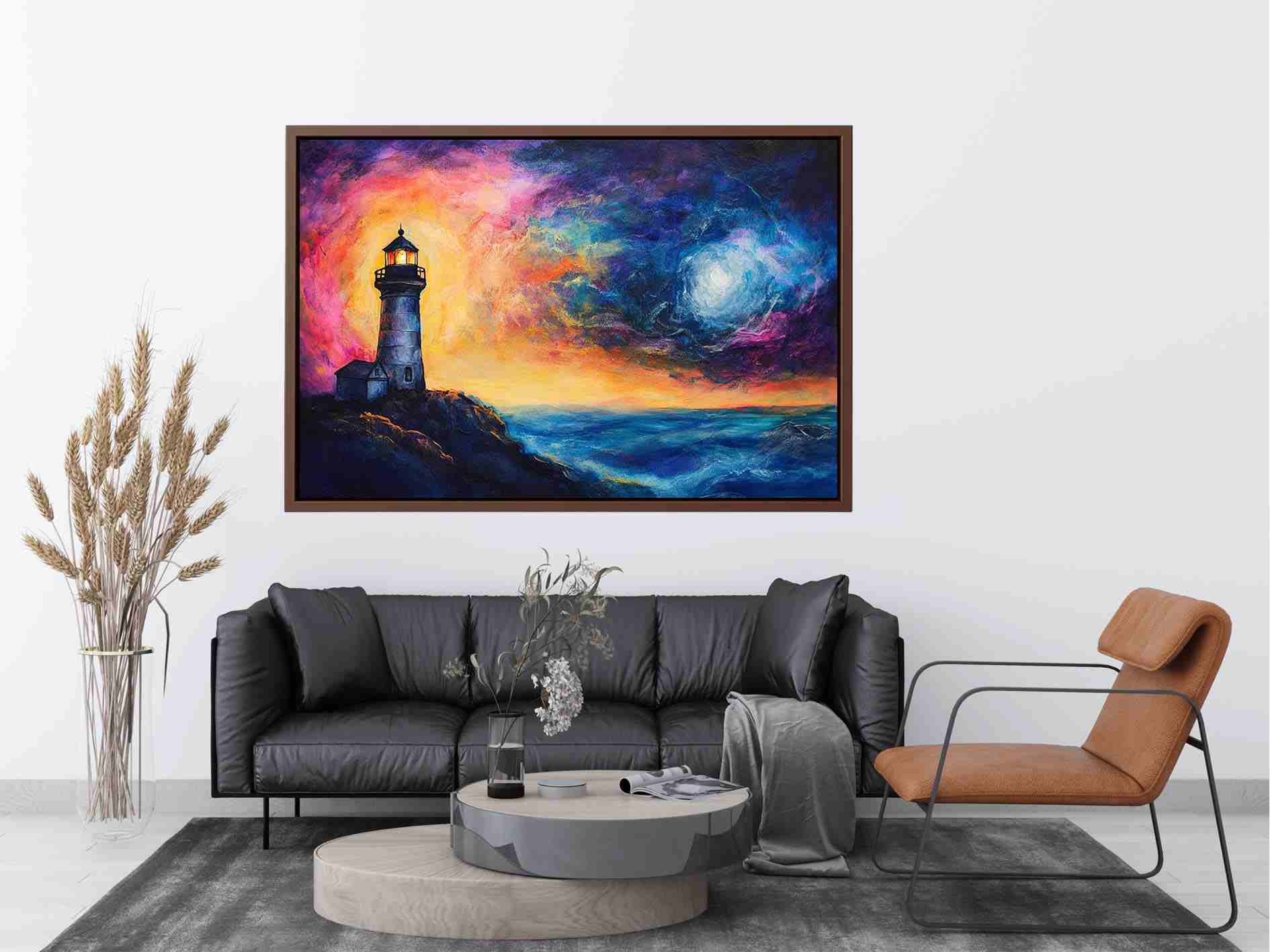 Coastal lighthouse Canvas Print with moonlit ocean and dramatic sunset sky