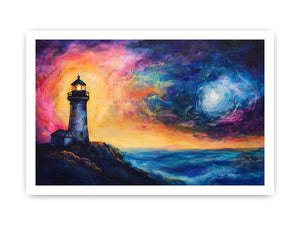 Coastal lighthouse Canvas Print with moonlit ocean and dramatic sunset sky
