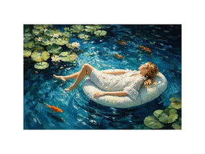 woman floating water painting, serene blue water Canvas Print, dreamlike pond Canvas Print, modern impressionist woman art