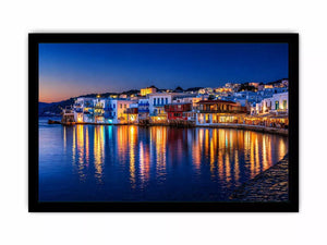 mediterranean coastal town night, harbor reflections Canvas Print, blue hour seaside canvas, santorini style night painting