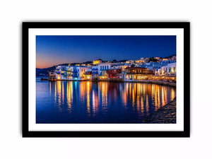 mediterranean coastal town night, harbor reflections Canvas Print, blue hour seaside canvas, santorini style night painting