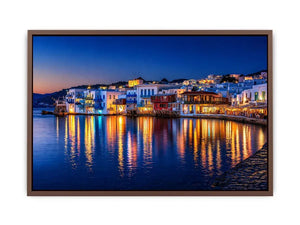 mediterranean coastal town night, harbor reflections Canvas Print, blue hour seaside canvas, santorini style night painting