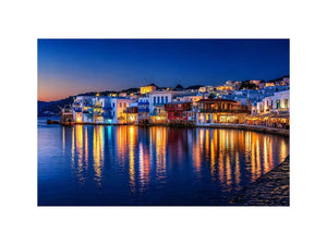 mediterranean coastal town night, harbor reflections Canvas Print, blue hour seaside canvas, santorini style night painting