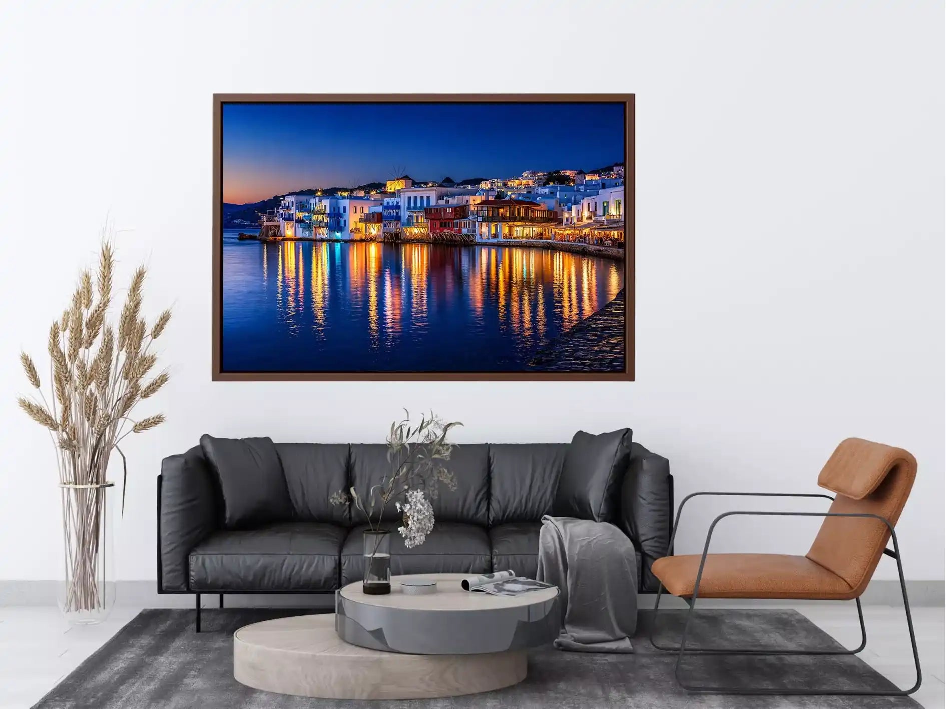 mediterranean coastal town night, harbor reflections Canvas Print, blue hour seaside canvas, santorini style night painting