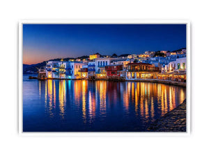 mediterranean coastal town night, harbor reflections Canvas Print, blue hour seaside canvas, santorini style night painting