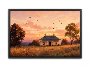 rustic cottage sunset painting, countryside landscape Canvas Print, farmhouse sunset canvas, minimalist rural home artwork