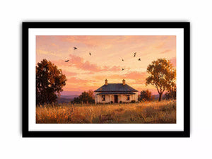 rustic cottage sunset painting, countryside landscape Canvas Print, farmhouse sunset canvas, minimalist rural home artwork
