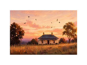 rustic cottage sunset painting, countryside landscape Canvas Print, farmhouse sunset canvas, minimalist rural home artwork