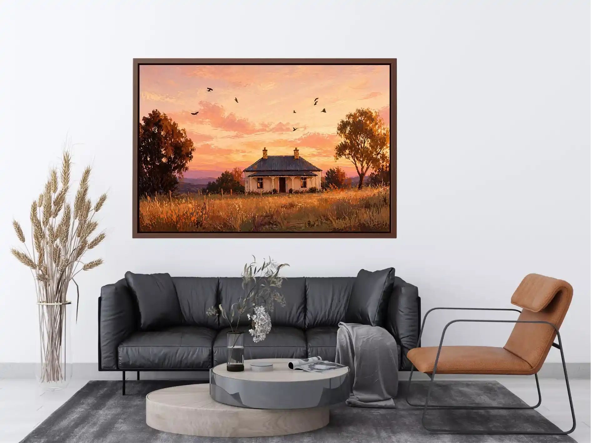 rustic cottage sunset painting, countryside landscape Canvas Print, farmhouse sunset canvas, minimalist rural home artwork