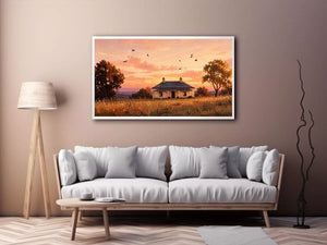 rustic cottage sunset painting, countryside landscape Canvas Print, farmhouse sunset canvas, minimalist rural home artwork