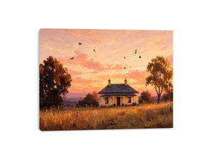 rustic cottage sunset painting, countryside landscape Canvas Print, farmhouse sunset canvas, minimalist rural home artwork