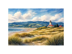 lighthouse watercolor landscape, coastal nature Canvas Print, serene seaside painting, beach grass lighthouse canvas