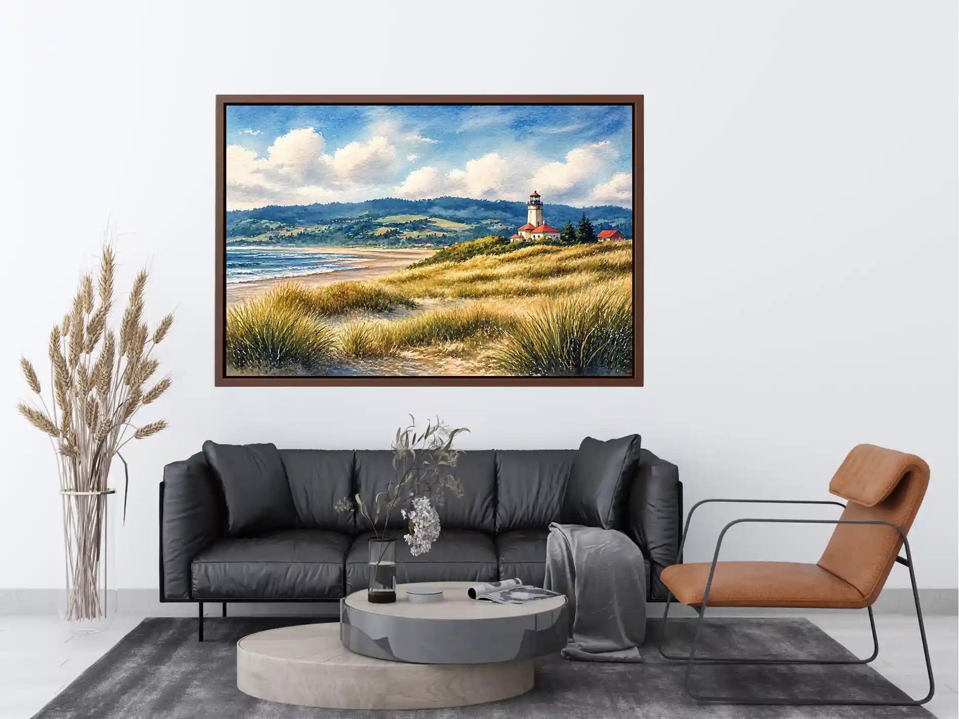 lighthouse watercolor landscape, coastal nature Canvas Print, serene seaside painting, beach grass lighthouse canvas