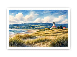 lighthouse watercolor landscape, coastal nature Canvas Print, serene seaside painting, beach grass lighthouse canvas