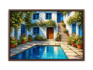 mediterranean courtyard painting, villa pool Canvas Print, coastal european house canvas, sunny courtyard artwork