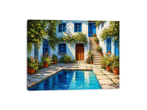 mediterranean courtyard painting, villa pool Canvas Print, coastal european house canvas, sunny courtyard artwork