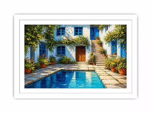 mediterranean courtyard painting, villa pool Canvas Print, coastal european house canvas, sunny courtyard artwork