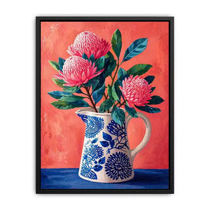 floral vase Canvas Print canvas, pink flower botanical painting, modern still life artwork, blue ceramic vase art