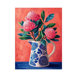 floral vase Canvas Print canvas, pink flower botanical painting, modern still life artwork, blue ceramic vase art