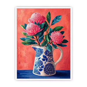floral vase Canvas Print canvas, pink flower botanical painting, modern still life artwork, blue ceramic vase art