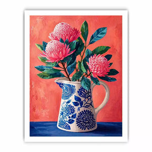 floral vase Canvas Print canvas, pink flower botanical painting, modern still life artwork, blue ceramic vase art