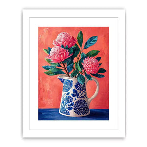 floral vase Canvas Print canvas, pink flower botanical painting, modern still life artwork, blue ceramic vase art