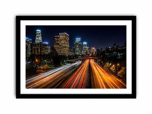 city skyline night Canvas Print, urban light trails canvas, modern cityscape print, downtown night traffic artwork