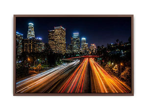 city skyline night Canvas Print, urban light trails canvas, modern cityscape print, downtown night traffic artwork